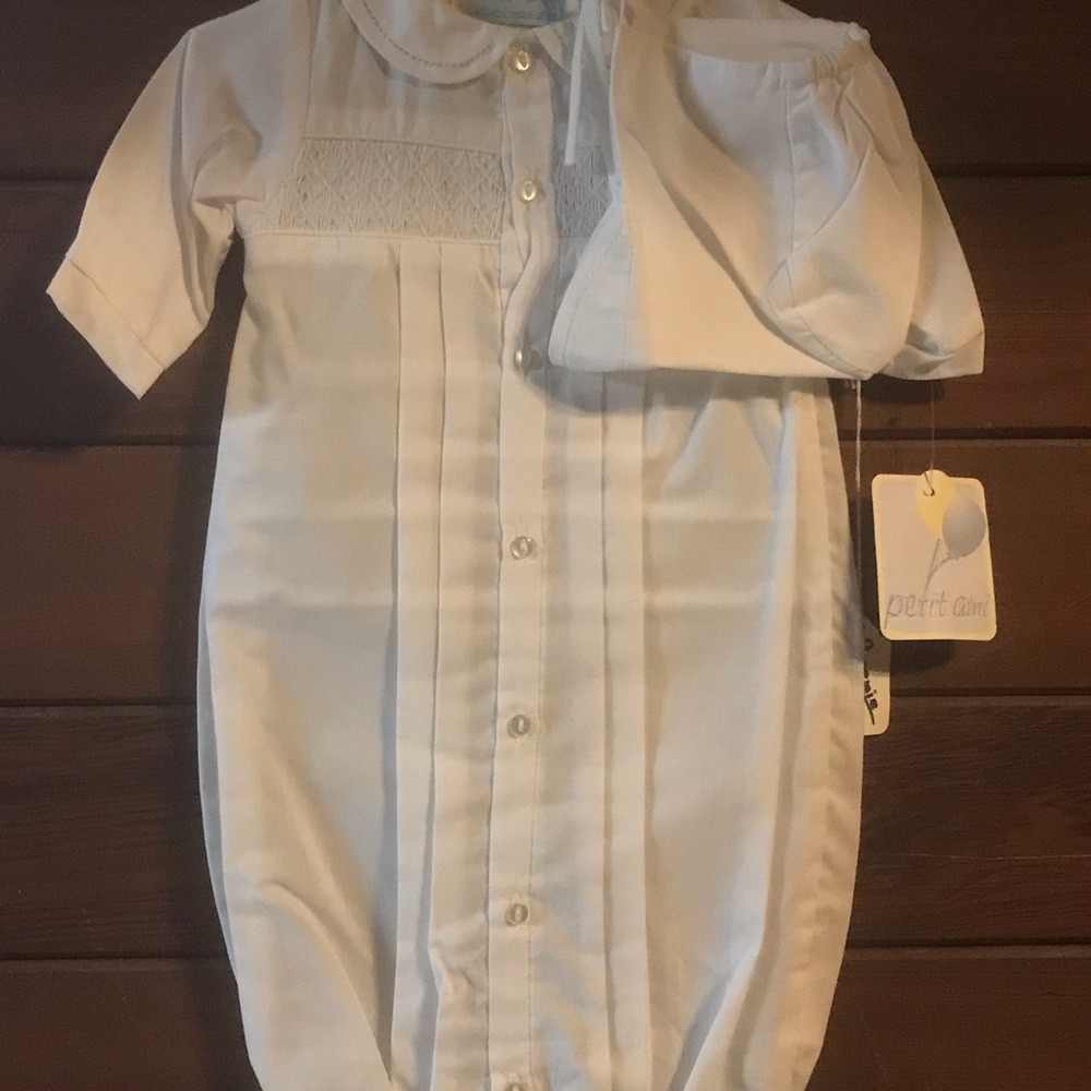 White Preemie Gown with Cap.